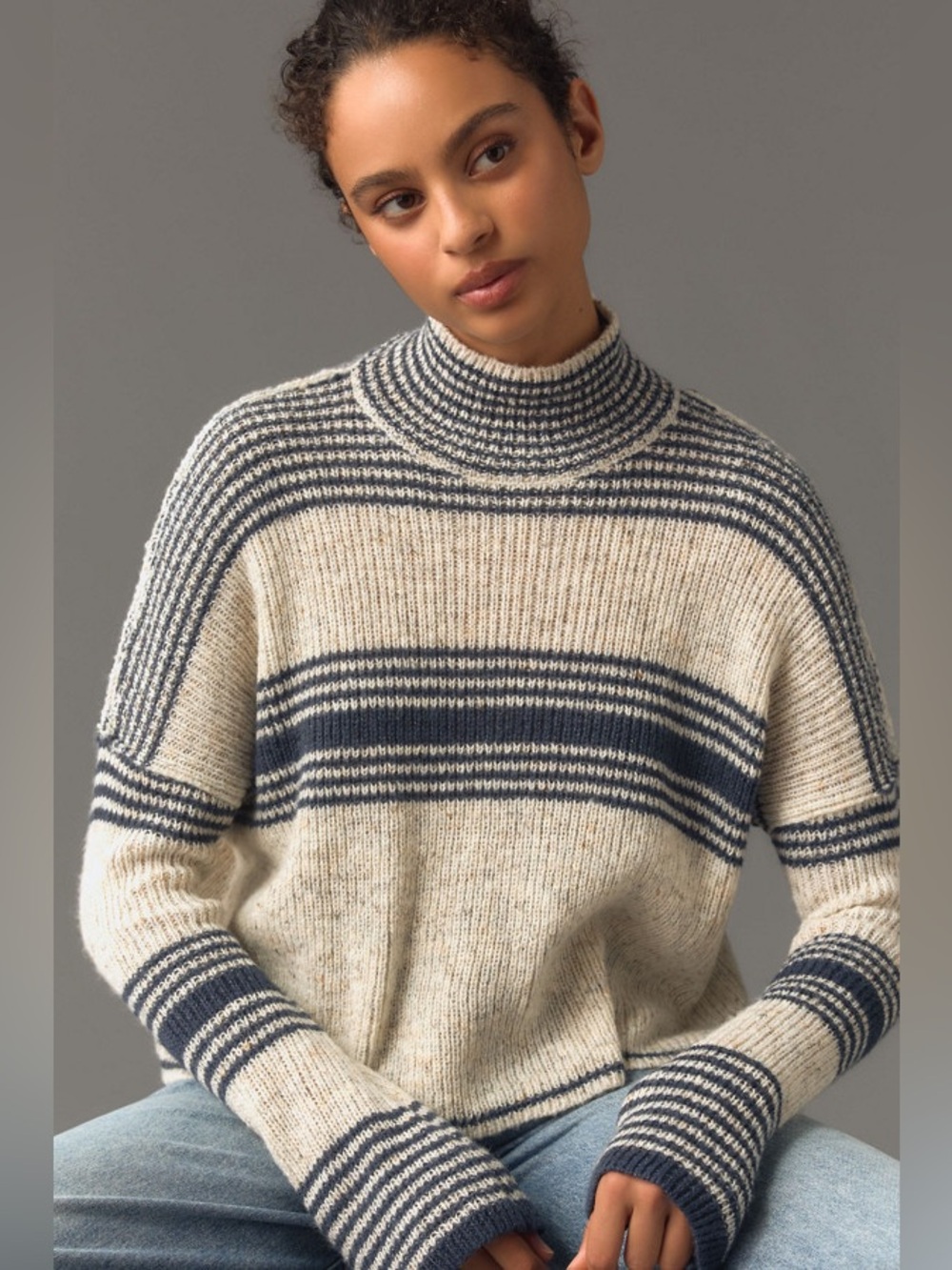 Anthropologie Cream and Navy Striped Turtleneck knit Sweater large wool linen